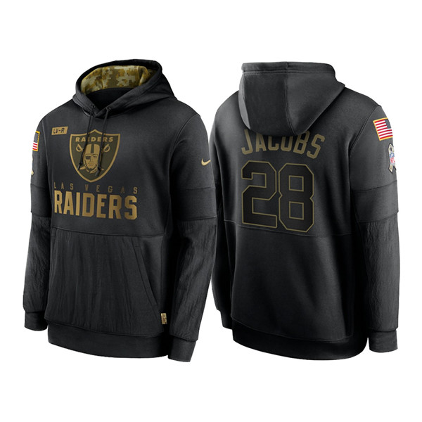 Men's Las Vegas Raiders #28 Josh Jacobs 2020 Black Salute to Service Sideline Performance Pullover Hoodie